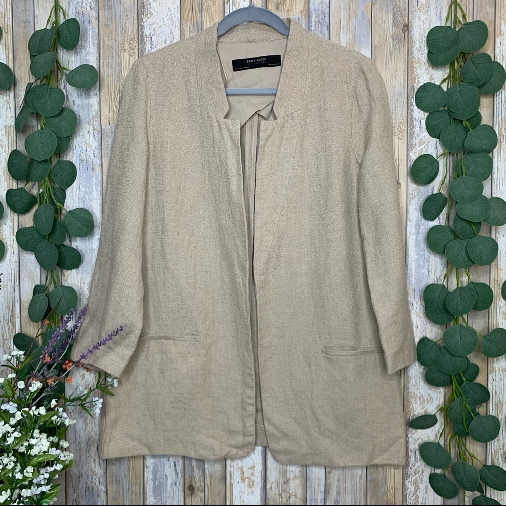 Zara Beige Open Front Linen Cardigan Blazer
